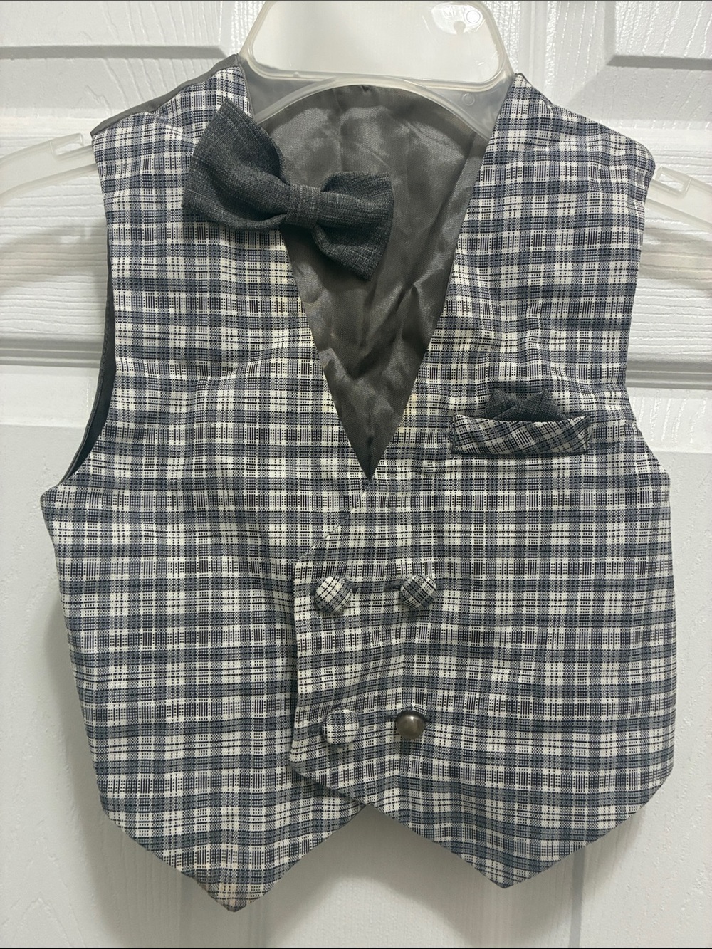 Vintage Boys Plaid Dress Vest with Bow Tie Gray Holiday Pictures Portraits Sz 2